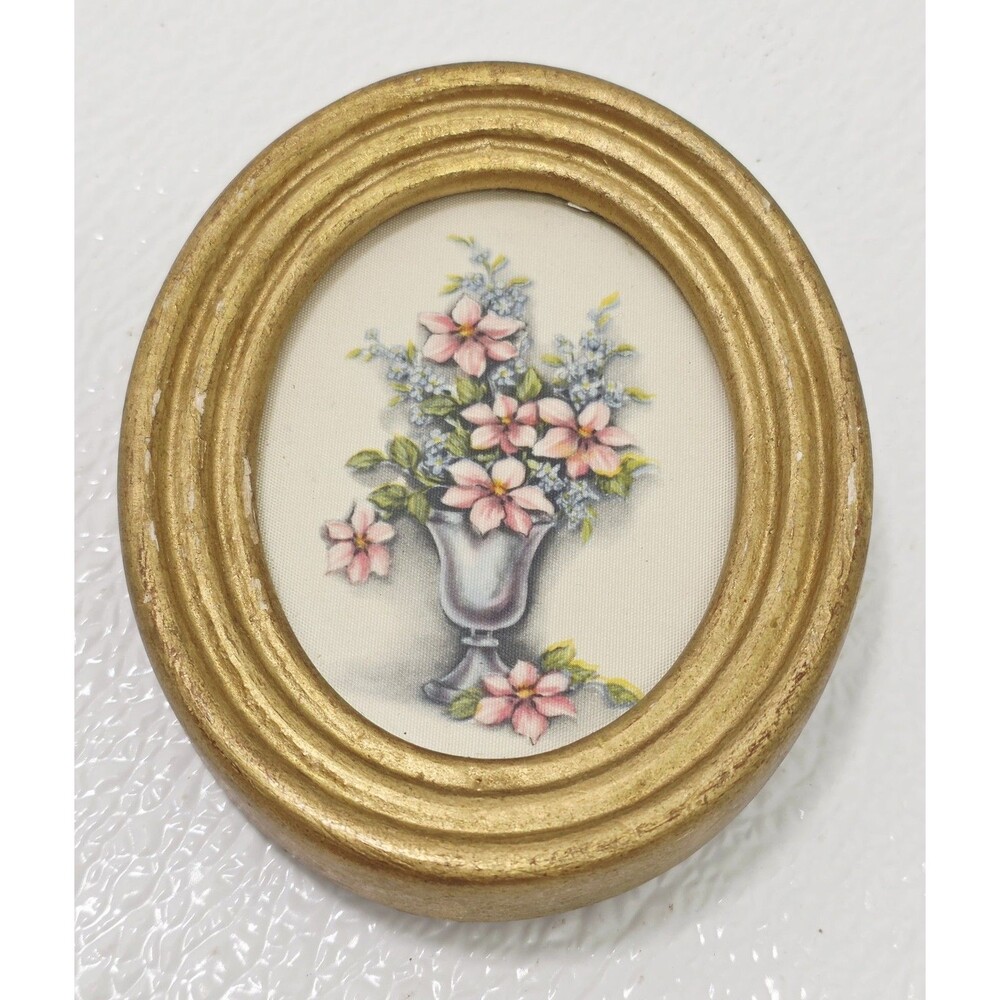 Vintage Oval Floral Miniature Wall Art Print in Gold Frame Gallery Wall 4" Tall